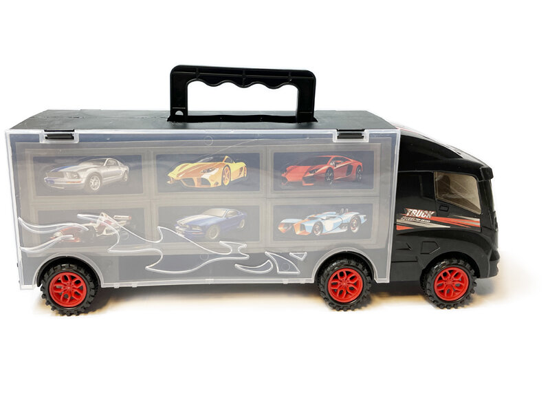 Vrachtwagen transporter truck - speelgoed mini auto's - transporter 6-delig set koffer - Oplegger voor 12 auto's- 30.5cm