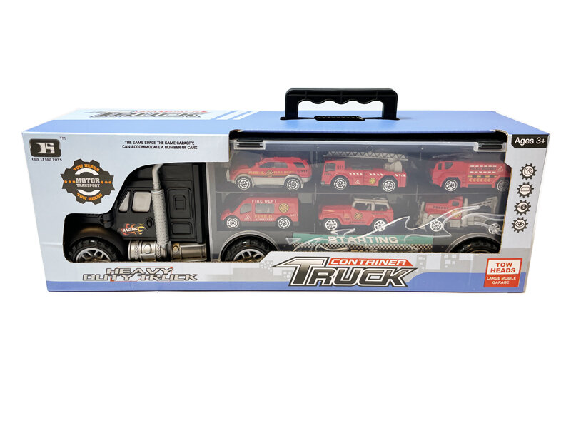 Brandweer vrachtwagen transporter truck - speelgoed mini brandweerauto's - 6-delig set koffer - Oplegger voor 12 brandweerwagens - 39cm