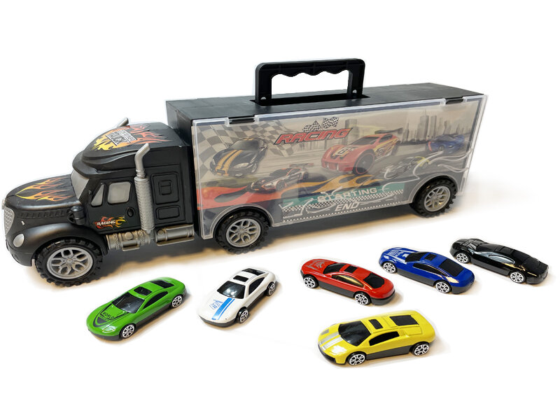 Vrachtwagen transporter truck - speelgoed mini auto's - transporter 6-delig set koffer - Oplegger voor 12 auto's- 30.5cm