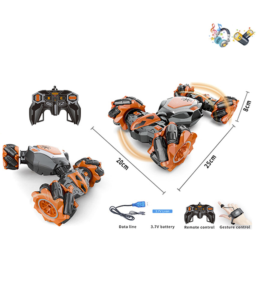 RC Stunt Twisted Car 4WD 2.4GHz - dubbelzijdig transformer auto  -LED lichtjes en Muziek - Incl. horloge en afstandsbediening Oranje