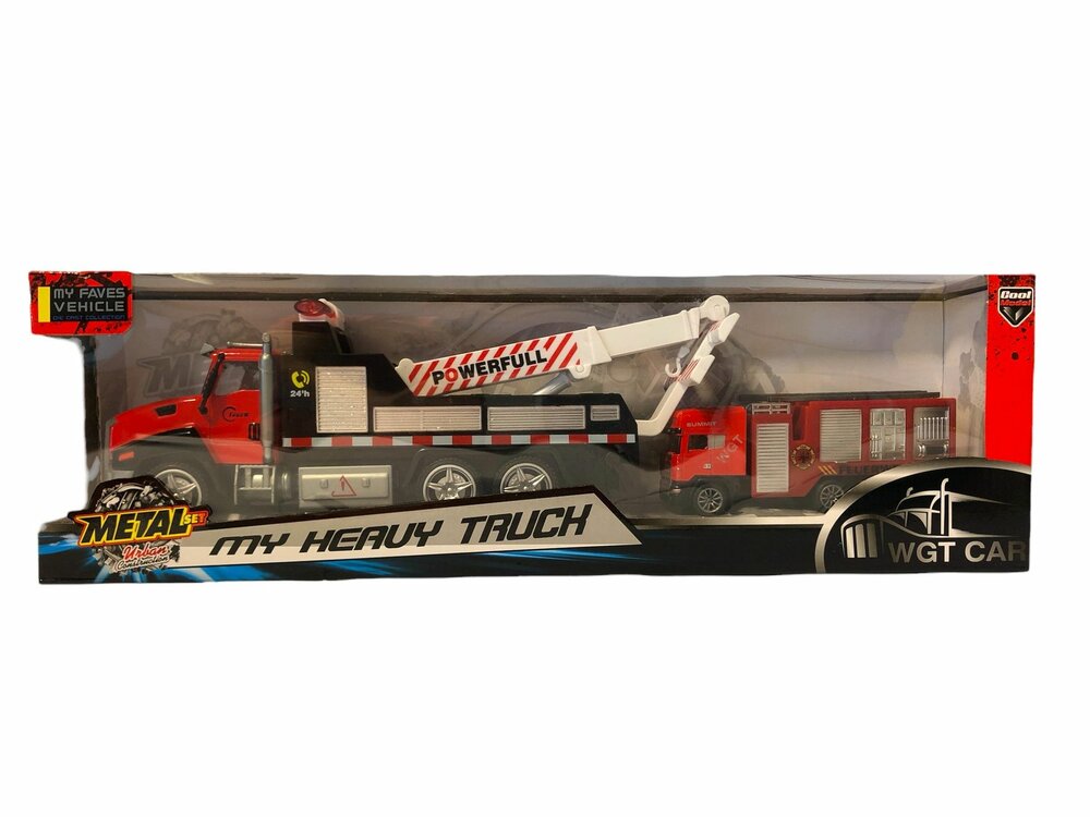 DIE-CAST Vrachtwagen autotransporter&nbsp;+ Brandweerauto 2in1 - pull-back drive