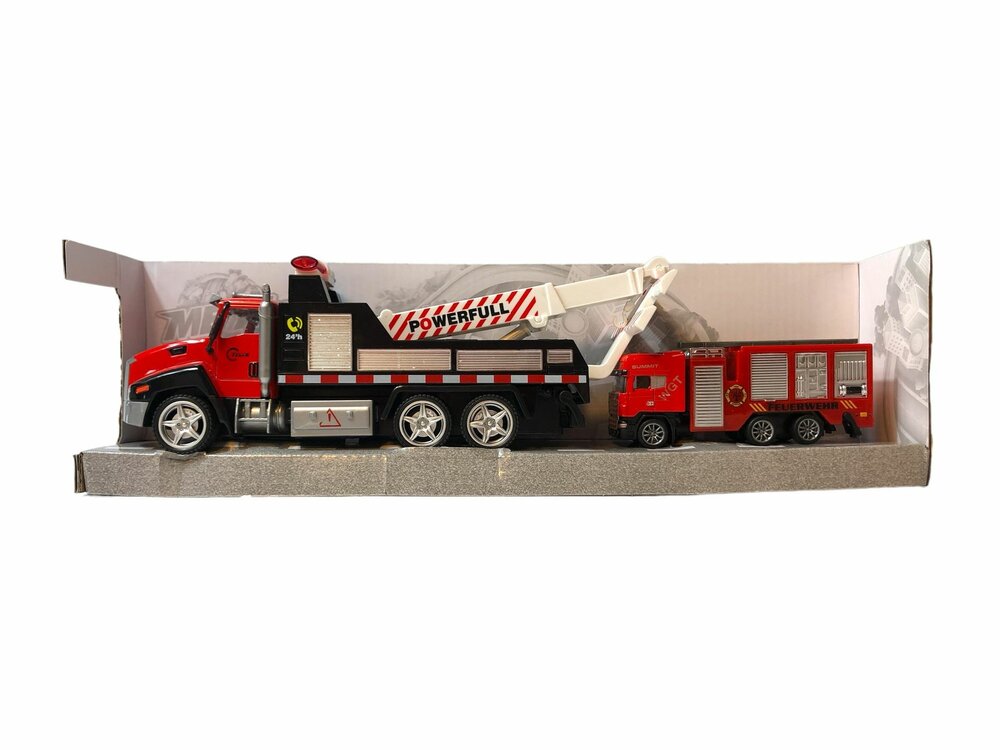 DIE-CAST Vrachtwagen autotransporter&nbsp;+ Brandweerauto 2in1 - pull-back drive