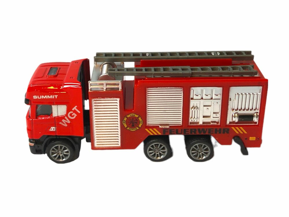 DIE-CAST Vrachtwagen autotransporter&nbsp;+ Brandweerauto 2in1 - pull-back drive