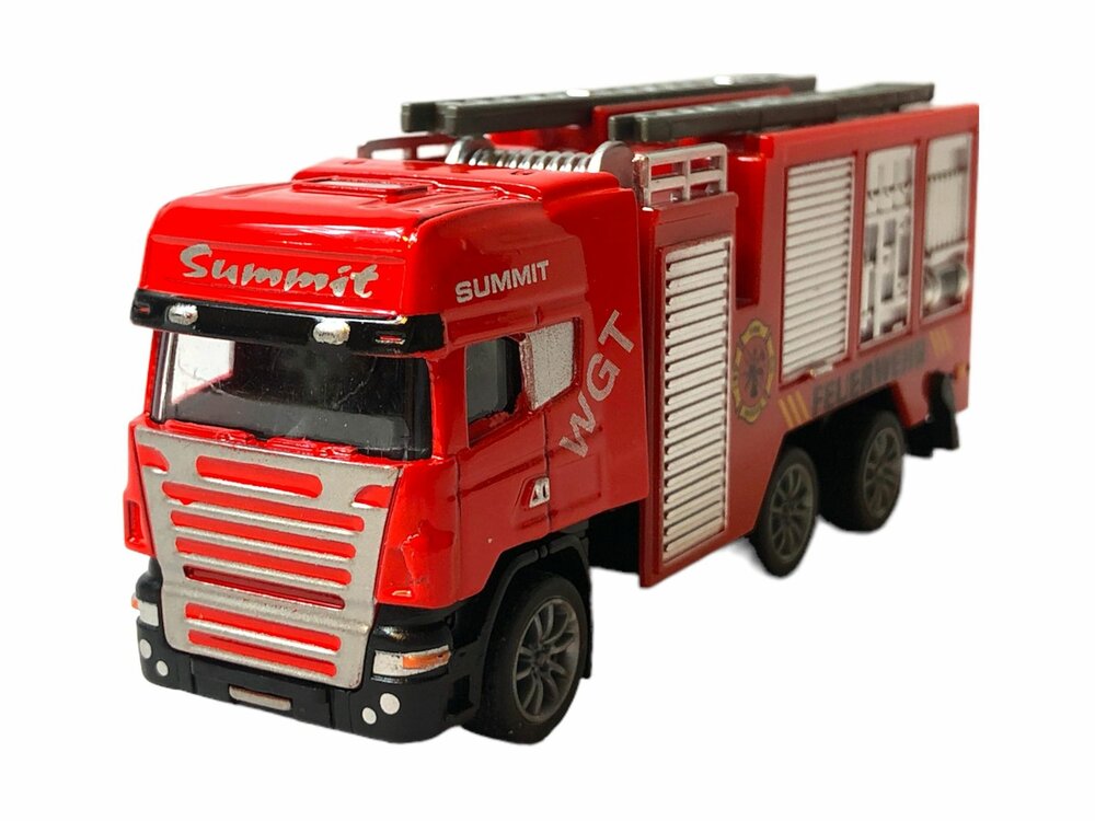 DIE-CAST Vrachtwagen autotransporter&nbsp;+ Brandweerauto 2in1 - pull-back drive