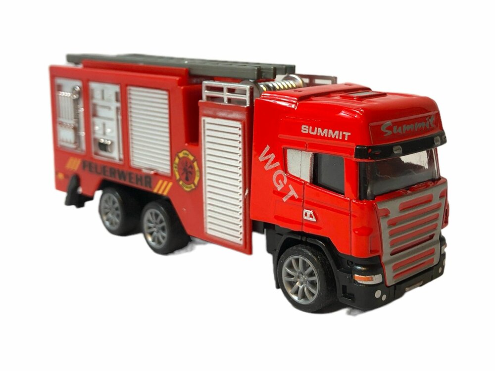DIE-CAST Vrachtwagen autotransporter&nbsp;+ Brandweerauto 2in1 - pull-back drive