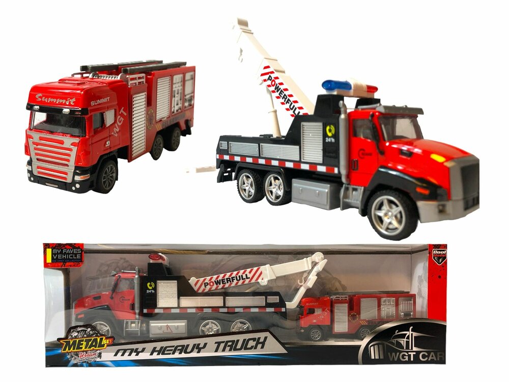 DIE-CAST Vrachtwagen autotransporter&nbsp;+ Brandweerauto 2in1 - pull-back drive