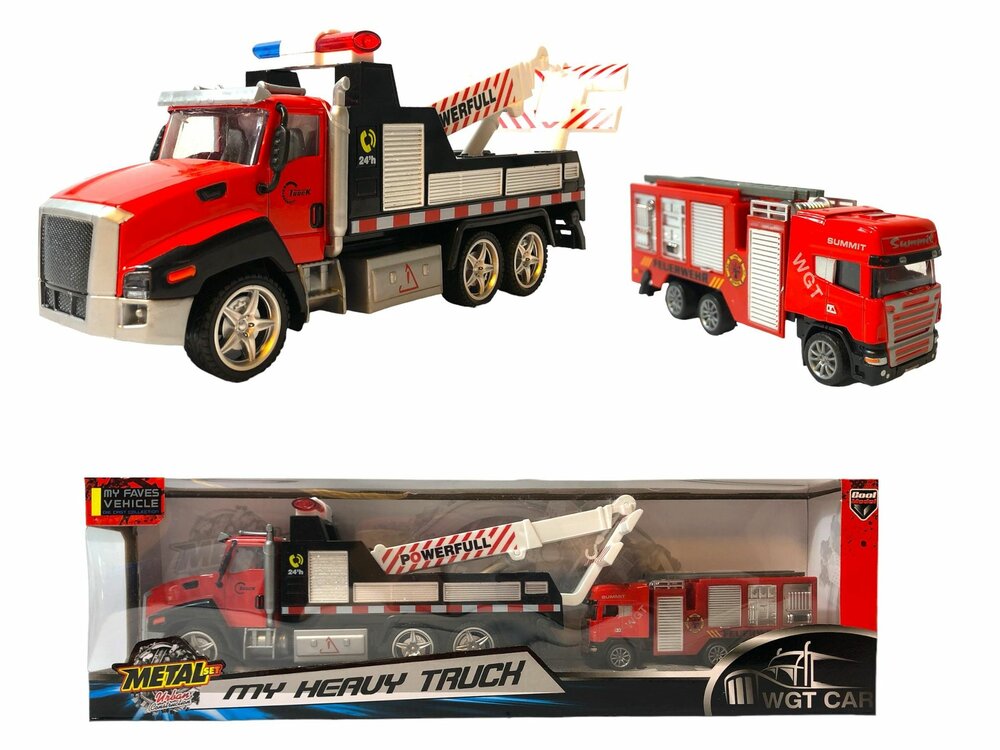 DIE-CAST Vrachtwagen autotransporter&nbsp;+ Brandweerauto 2in1 - pull-back drive