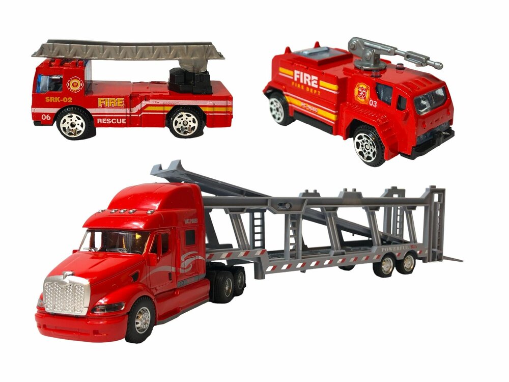 Vrachtwagen autotransporter&nbsp;+ 2 mini brandweerautos 3in1 - pull-back drive