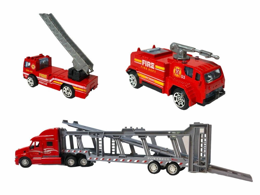 Vrachtwagen autotransporter&nbsp;+ 2 mini brandweerautos 3in1 - pull-back drive
