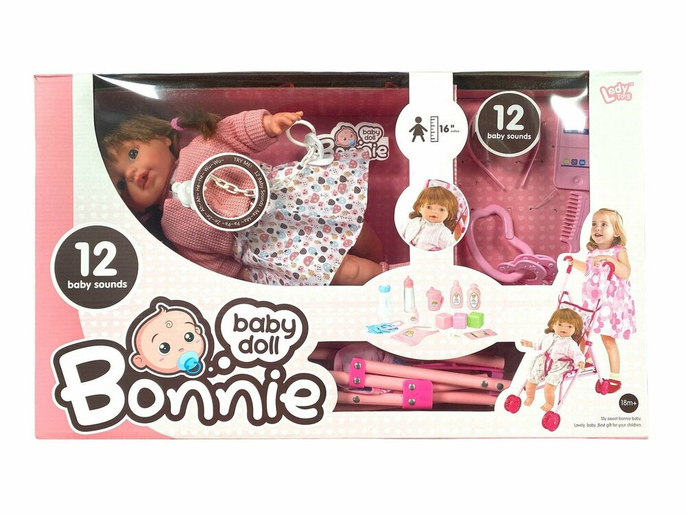 Babypop Bonnie -  kinderwagen + accessoires -  knuffel baby pop  - 12 babygeluiden - 40CM
