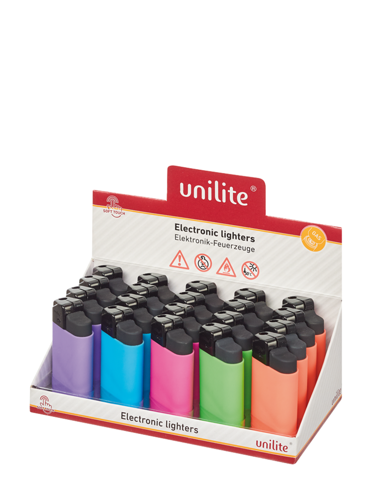 Unilite klik aanstekers - navulbaar - 20 stuks in een display - 5 ass. color - soft touch lighters
