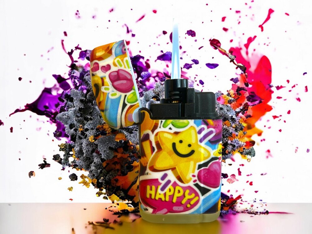 Jet Flame lighters - turbo lighter - 4 pieces in display - 360&deg; Happy Smiley print - soft touch