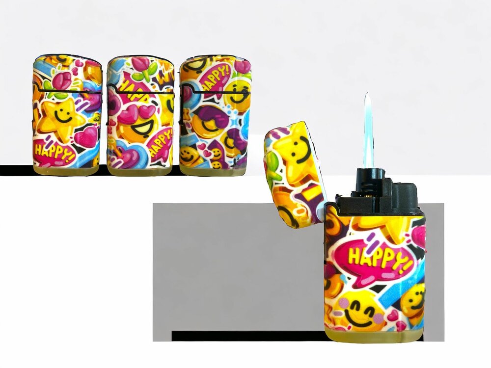 Jet Flame lighters - turbo lighter - 4 pieces in display - 360&deg; Happy Smiley print - soft touch