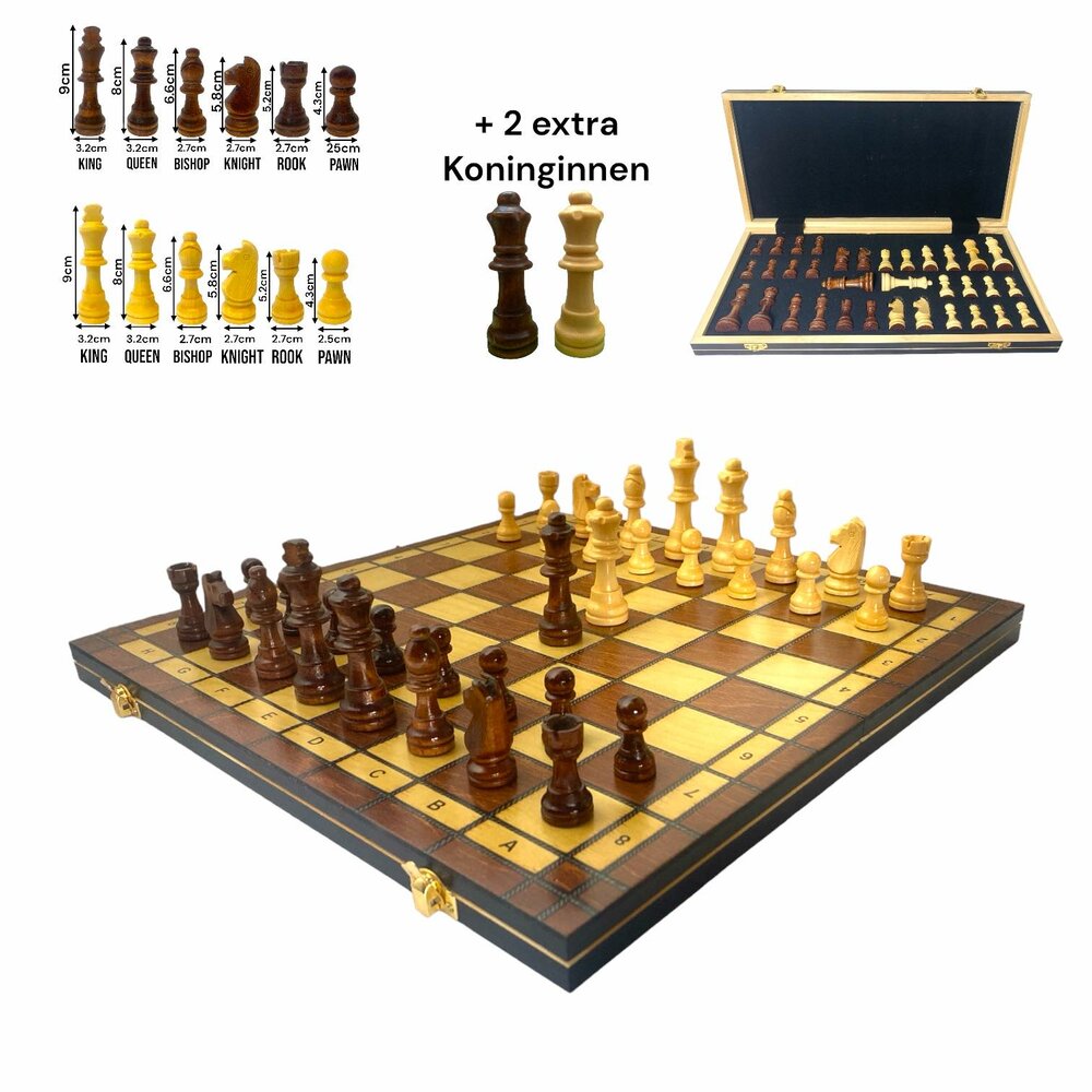 Schaakbord - Hout schaakset - Magnetisch - 49 CM - Opklapbaar - 2 extra Koninginnen