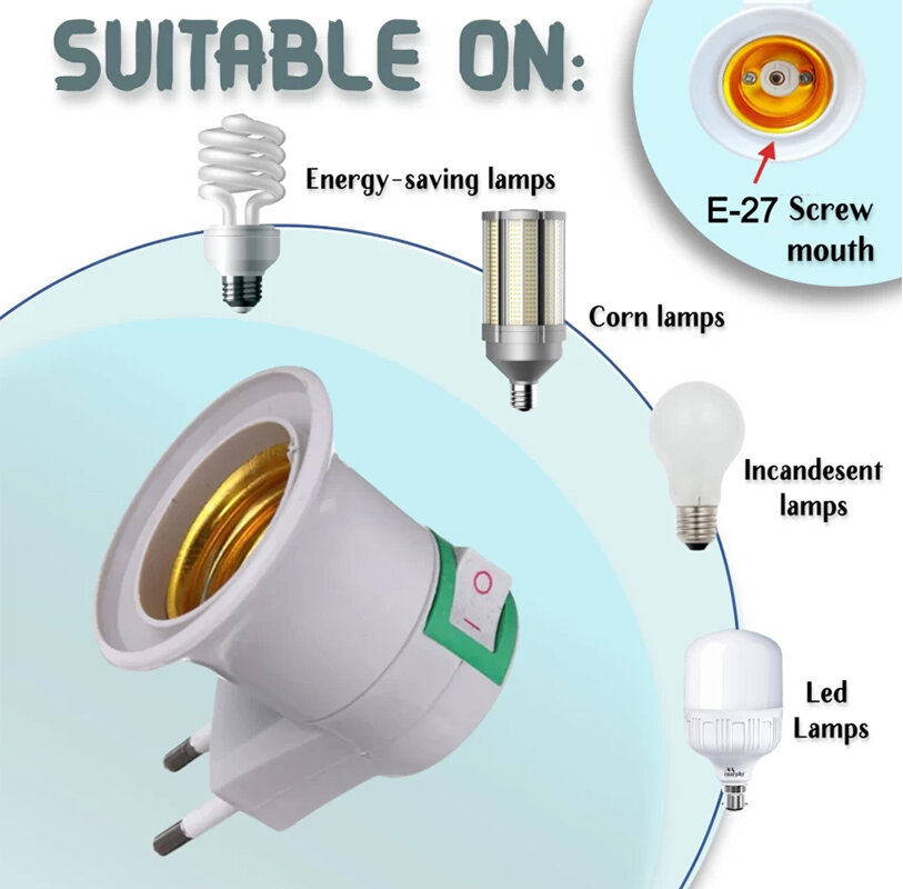 Stekker EU met E27 fitting + aan/uit schakelaar mix 5 stuks