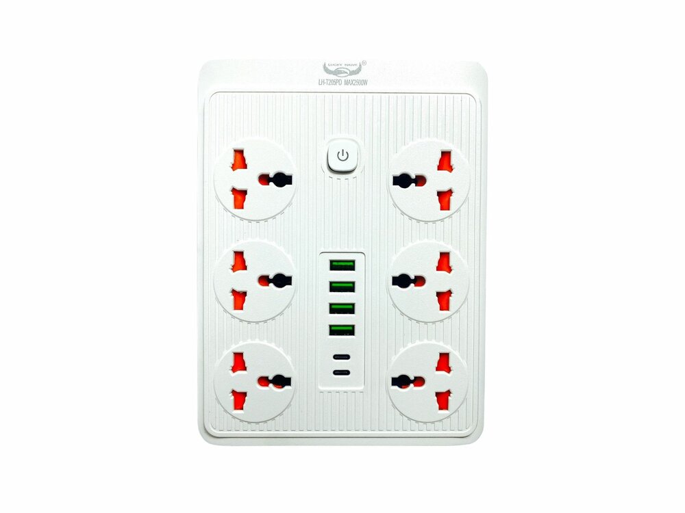Premium Stekkerdoos met 6 Stekkers en 6 USB ingangen + 2 USB-C 20W Snellader 185 cm Kabel 