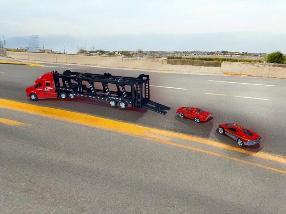 Vrachtwagen - DIE-CAST - autotransporter&nbsp;+ 2 mini auto's 3in1 - pull-back drive Truck R