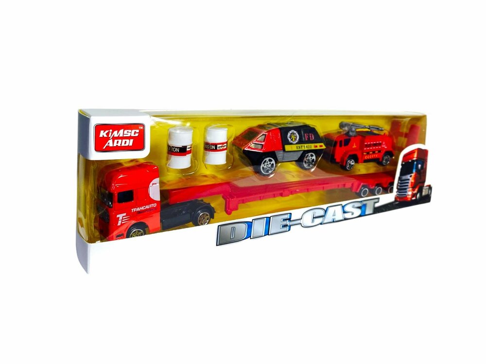DIE-CAST - Vrachtwagen brandweerauto's - autotransporter + 2 mini auto's 3in1