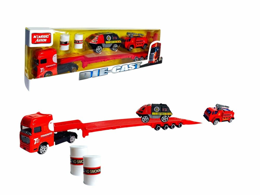 DIE-CAST - Vrachtwagen brandweerauto's - autotransporter + 2 mini auto's 3in1