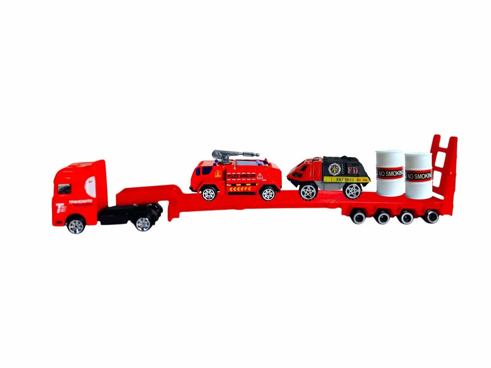 DIE-CAST - Vrachtwagen brandweerauto's - autotransporter + 2 mini auto's 3in1