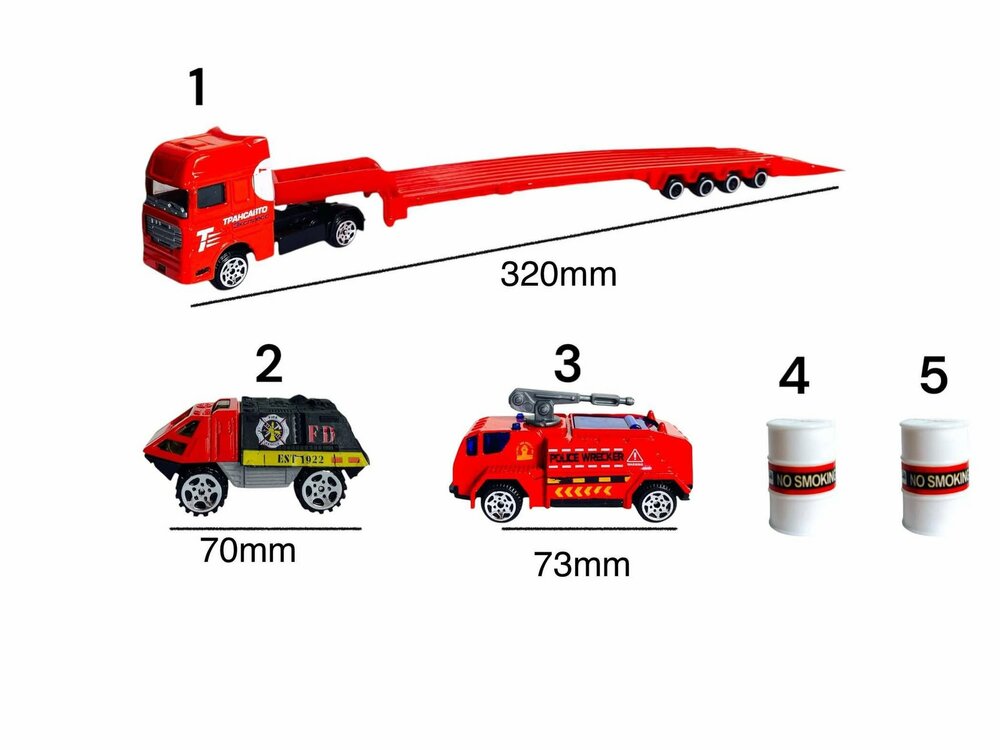 DIE-CAST - Vrachtwagen brandweerauto's - autotransporter + 2 mini auto's 3in1