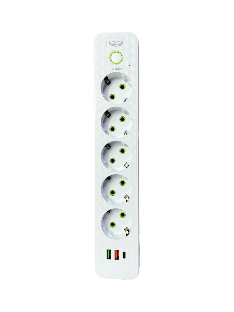 Stekkerdoos met 5 Stopcontacten, 2 USB-poorten + 1 USB-C - 2500W &ndash; 3 Meter &ndash; Wit &ndash; Lucky Hawk