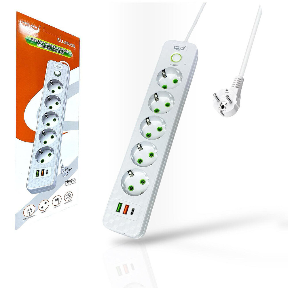 Stekkerdoos met 5 Stopcontacten, 2 USB-poorten + 1 USB-C - 2500W &ndash; 3 Meter &ndash; Wit &ndash; Lucky Hawk