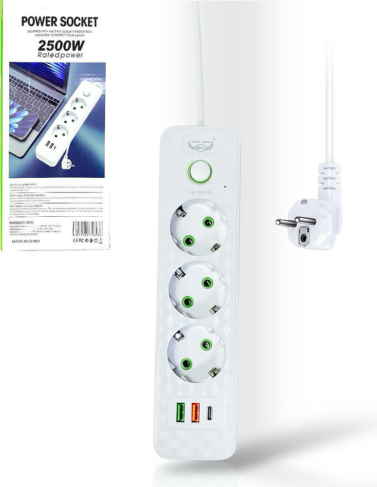 Power Strip with 3 Sockets, 2 USB Ports + 1 USB-C - 2500W - 2 Meter - White - Lucky Hawk