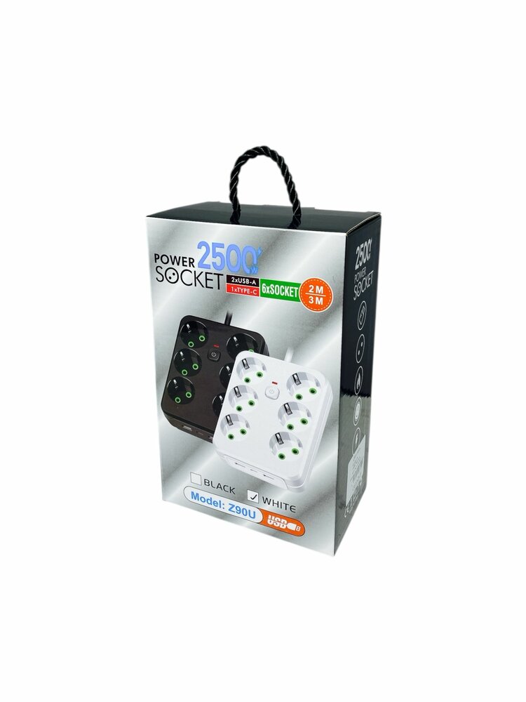 Stekkerdoos met 6 Stopcontacten, 2 USB-poorten + 1 USB-C - 2500W - 2 Meter - zwart -Lucky Hawk