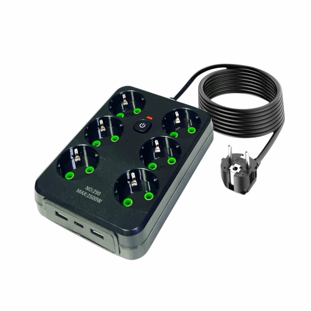 Stekkerdoos met 6 Stopcontacten, 2 USB-poorten + 1 USB-C - 2500W - 2 Meter - zwart -Lucky Hawk
