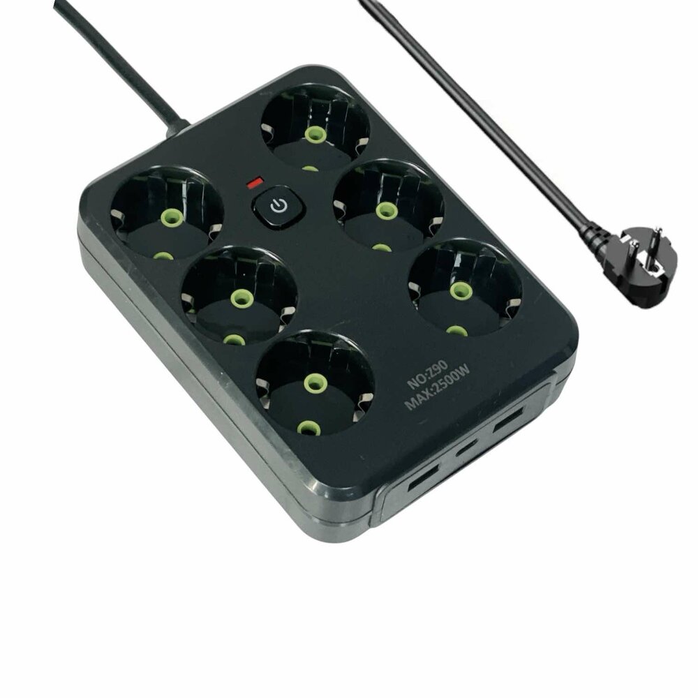 Stekkerdoos met 6 Stopcontacten, 2 USB-poorten + 1 USB-C - 2500W - 2 Meter - zwart -Lucky Hawk