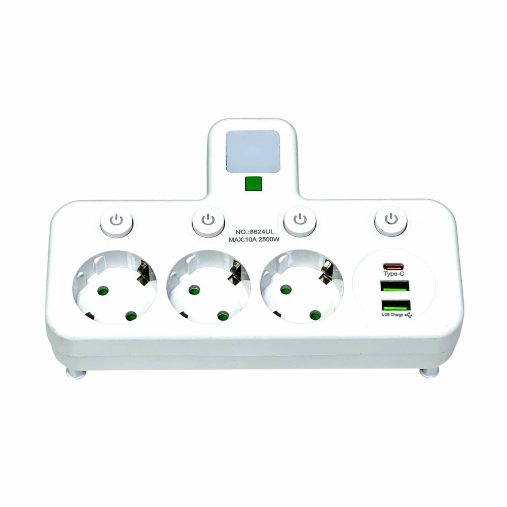 EU-stekkerdoos met 3 stopcontacten, 2 USB-poorten + 1 USB-C - 2500W