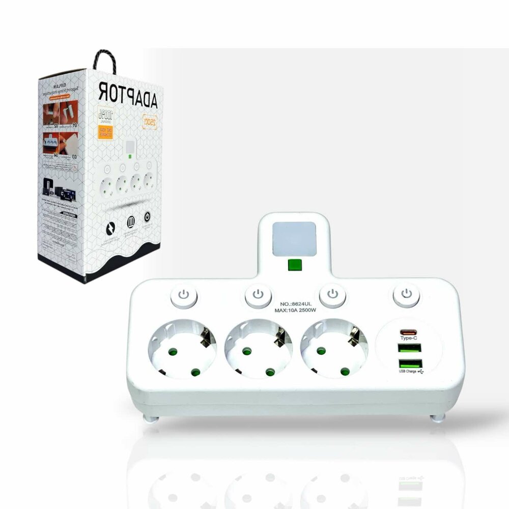 EU-stekkerdoos met 3 stopcontacten, 2 USB-poorten + 1 USB-C - 2500W