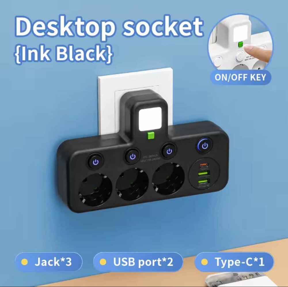 Europese stekkerdoos, 3 stopcontacten zonder verlengkabel met 2 USB 1 Type-C-poorten