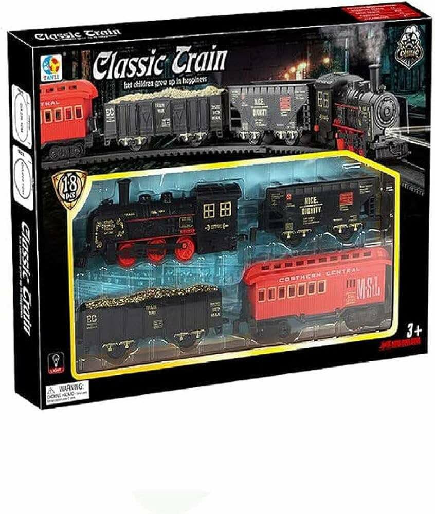 Electric Train - Classic Steam Locomotive - With Wagons, Track and LED Light - Railway Carriage - 18 Parts