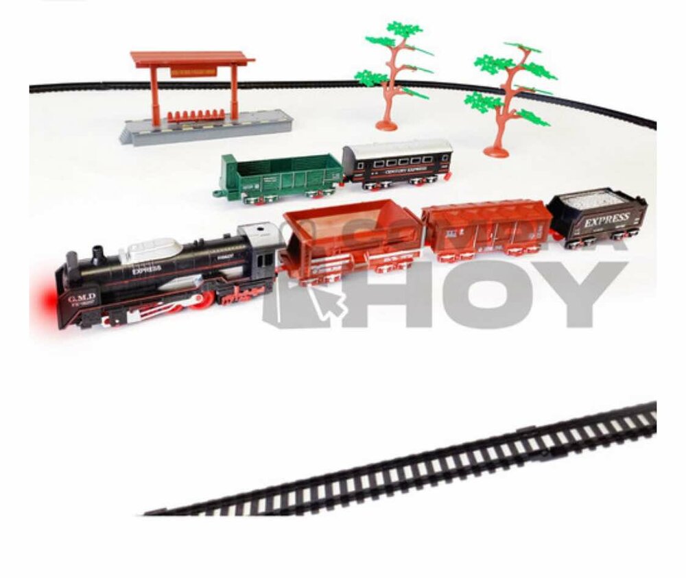 Elektrische trein - Klassieke - Met wagons, rails en ledverlichting - Spoorrijtuig - 19 onderdelen vintage trein
