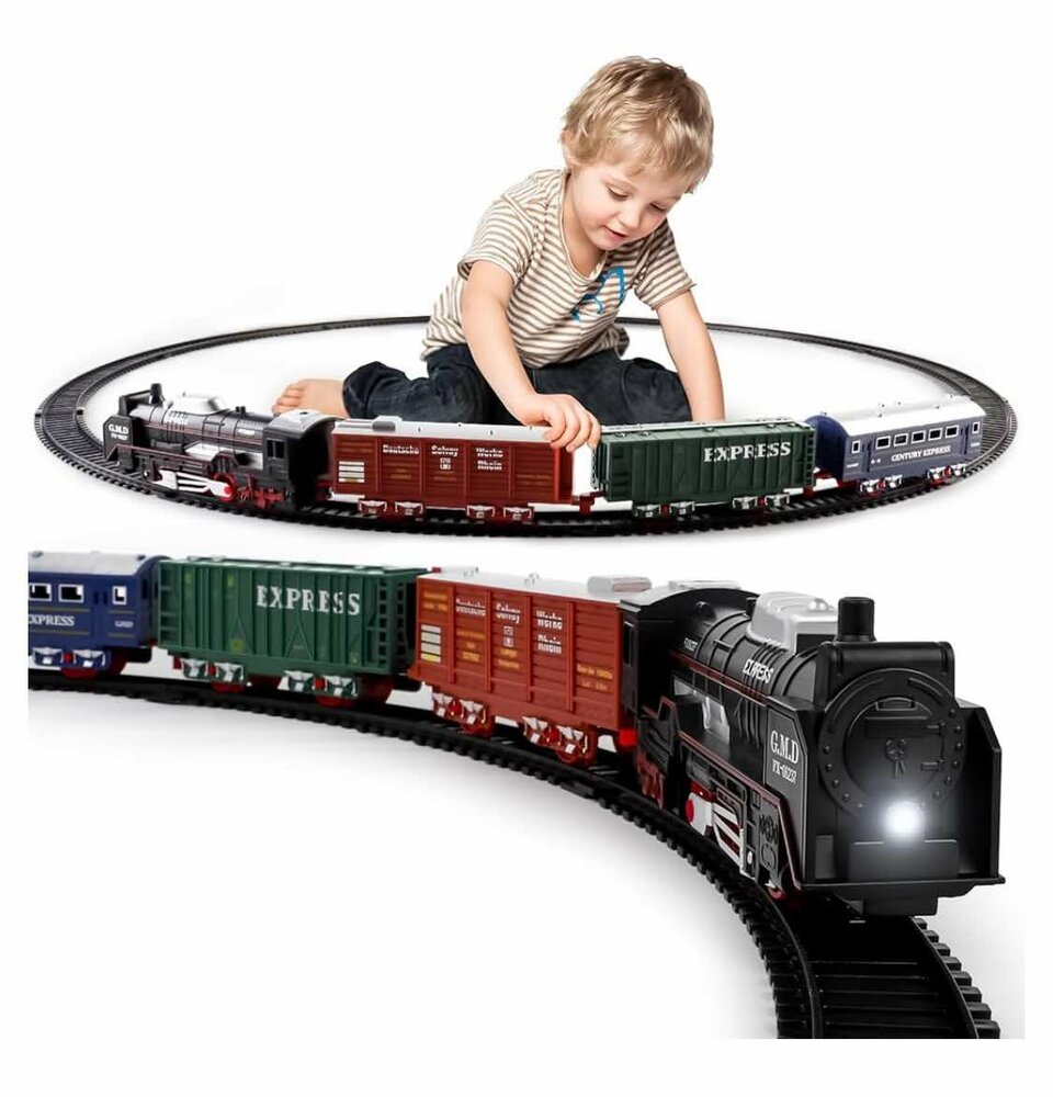 Elektrische trein - Klassieke - Met wagons, rails, geluid en led verlichting - Spoorrijtuig - 19 onderdelen vintage trein