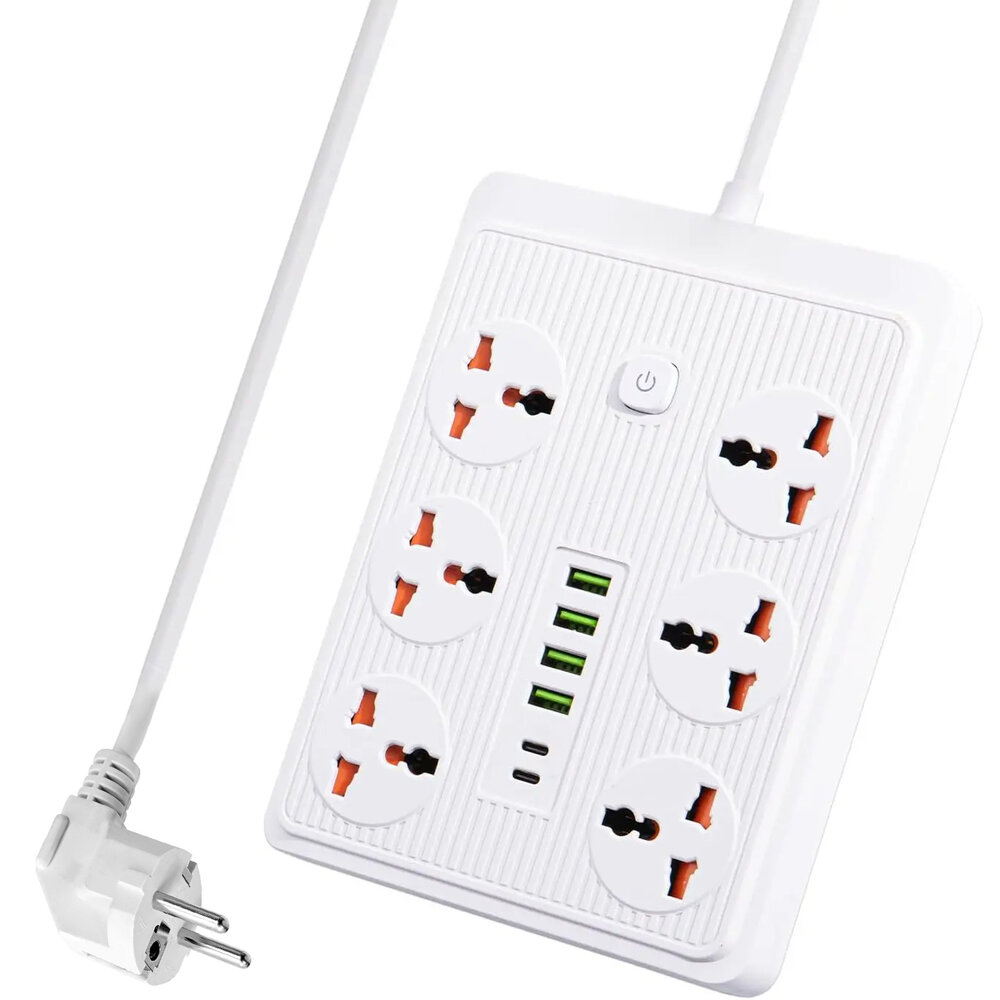 Premium Stekkerdoos met 6 Stekkers en 6 USB ingangen + 2 USB-C 20W Snellader 185 cm Kabel 
