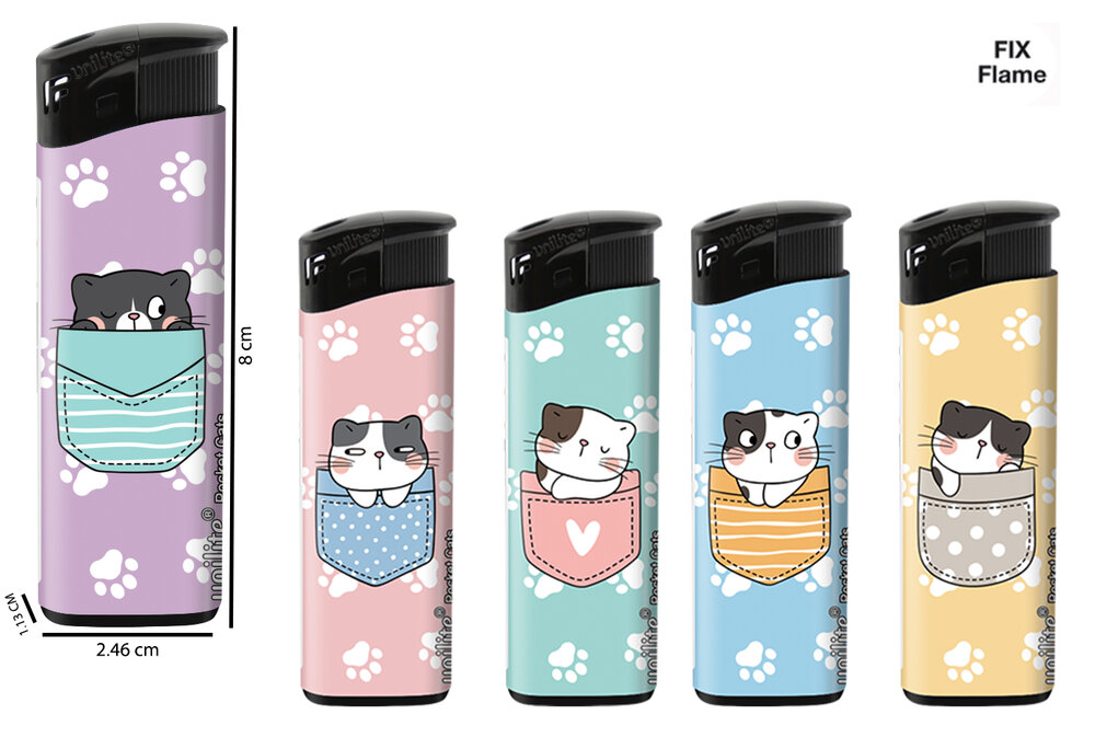 Unilite Aanstekers Pocket Cats &ndash; Schattige  katten print - Fix Flame Aanstekers 50 stuks per tray