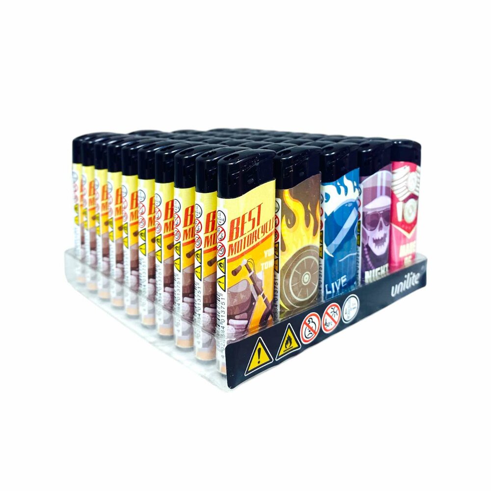 Aanstekers - klik - Navulbare Fix Flame  - 50 stuks per tray Unilite Rock-'n-roll Print