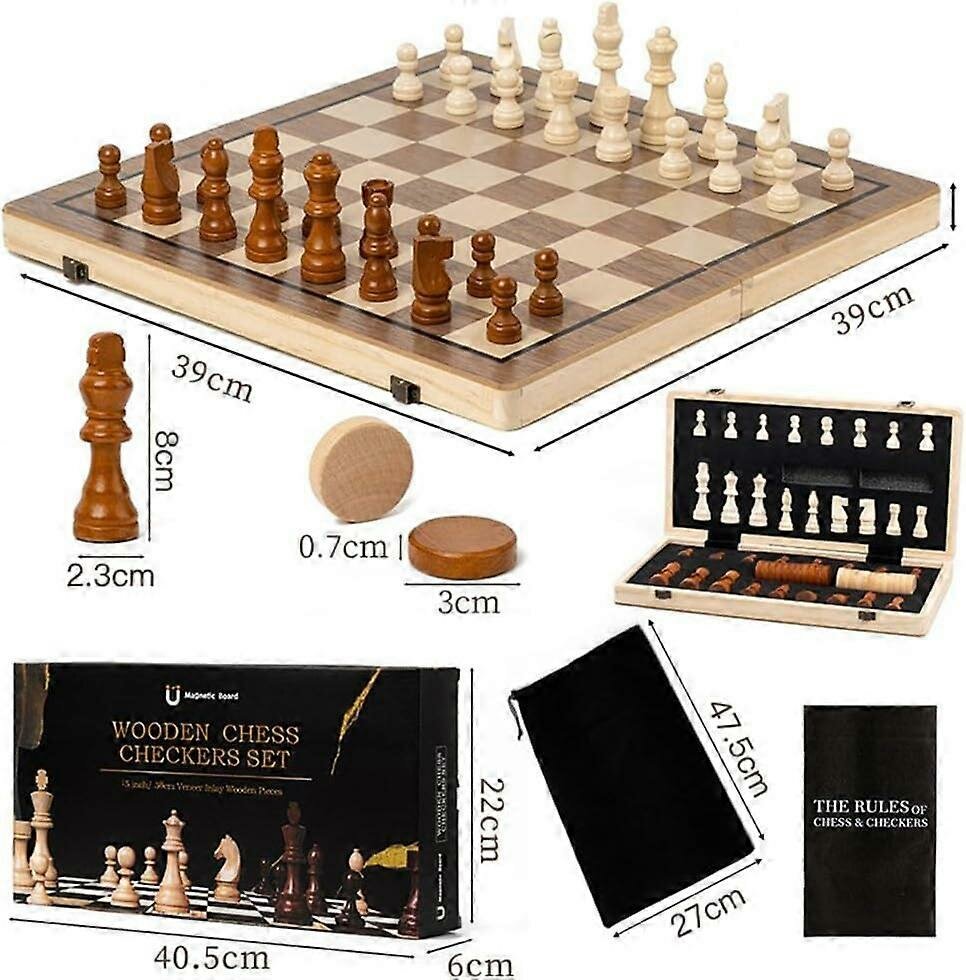 Chess &amp; Checkers - Magnetische Schaak- en Dambord 39x39 - Inklapbare 2-in-1 Hout - Met ReisTas