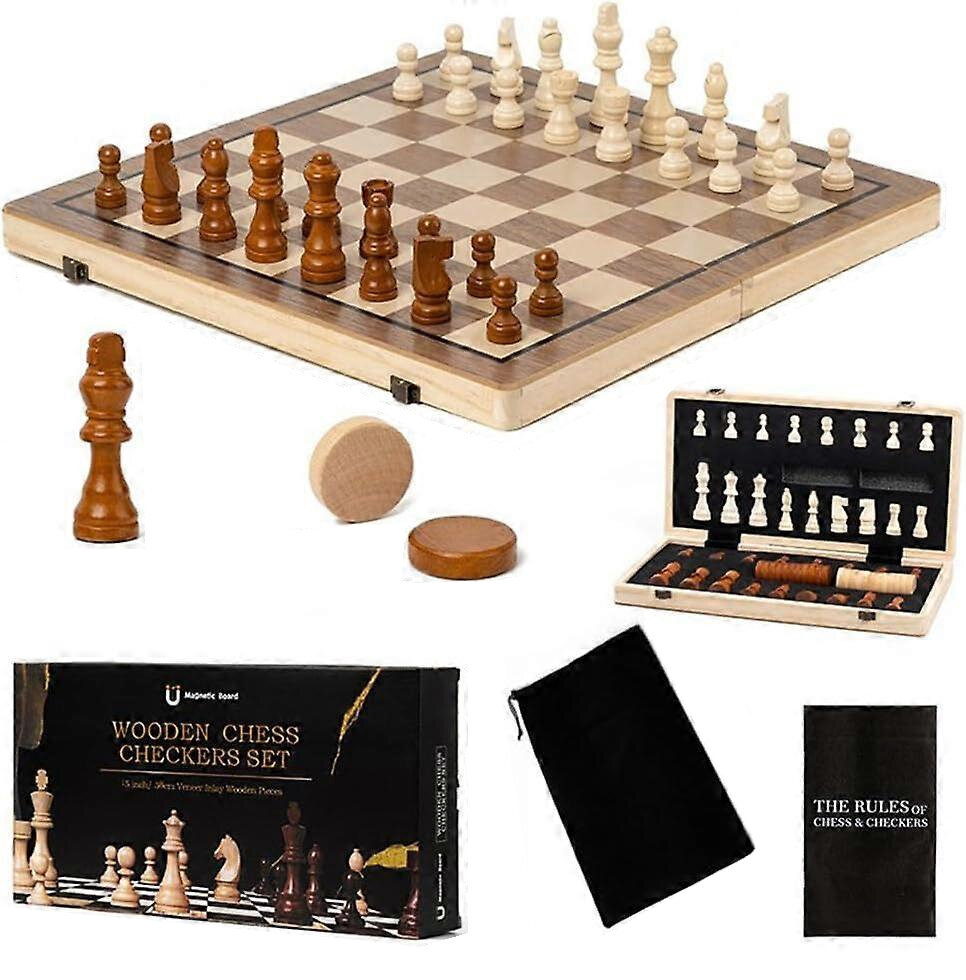 Chess &amp; Checkers - Magnetische Schaak- en Dambord 39x39 - Inklapbare 2-in-1 Hout - Met ReisTas