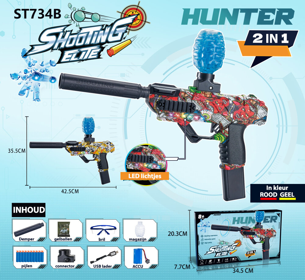 Shooting Elite Gelblaster - HUNTER- LED LIGHT - compleet set  + pijlen - 5000 balletjes - oplaadbaar - 42.5 CM