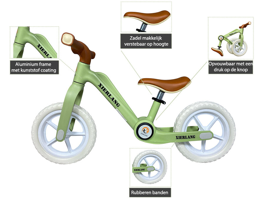 Foldable Bike - Opvouwbare Loopfiets met 1-Knops Systeem - 87CM - Groen - licht gewicht