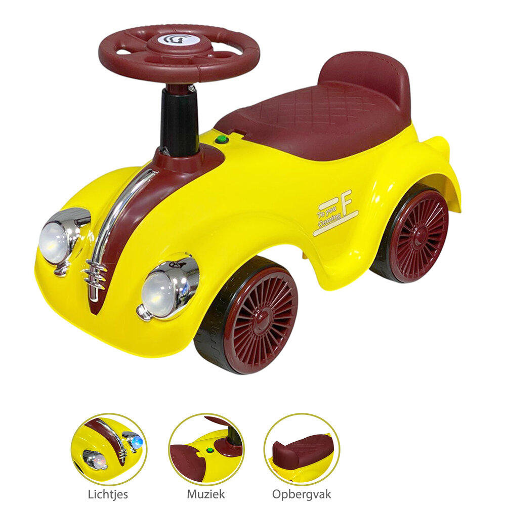Classic Luxury Retro Car - Loopauto 55CM - Geel - muziek &amp; lichtjes
