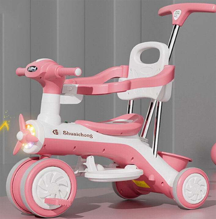 Kinder driewieler met duwstang - Muziek en Licht - Roze