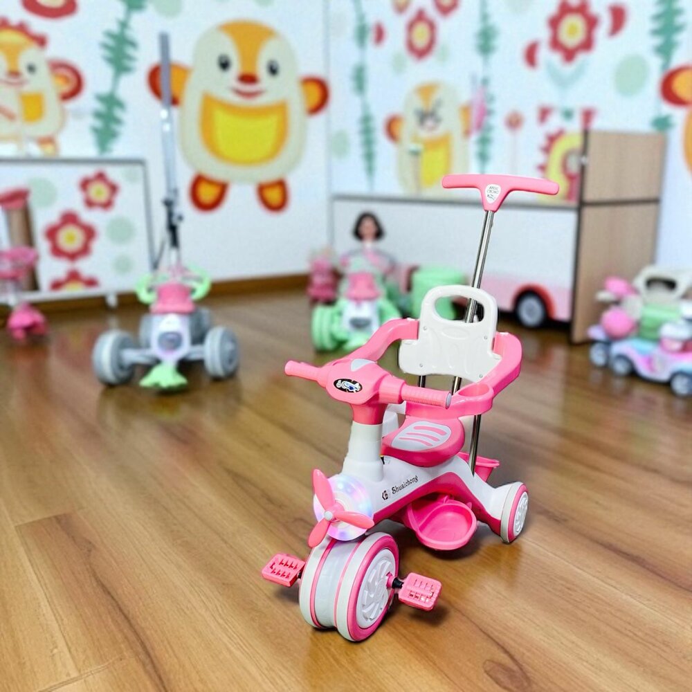 Kinder driewieler met duwstang - Muziek en Licht - Roze
