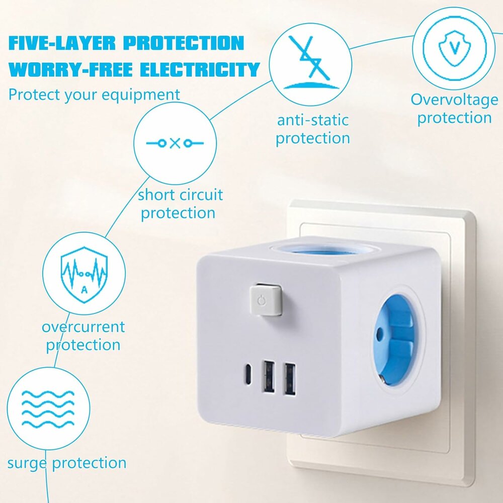 Cube Socket 7-in-1 Stekkerdoos - 4 stopcontacten met 2 USB 1 Type-C poorten