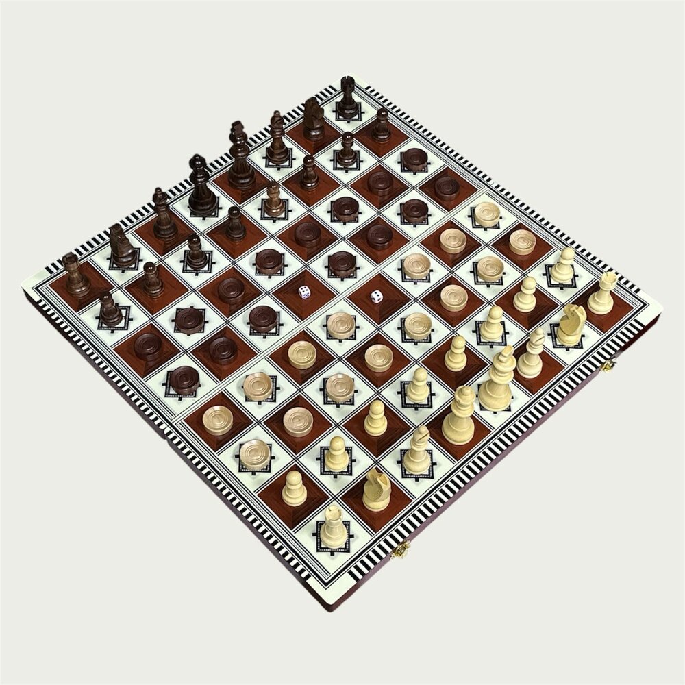 Chess - Schaken, Backgammon en Dammen - 3in1 set - 49X49CM - Hout - Opklapbaar bord