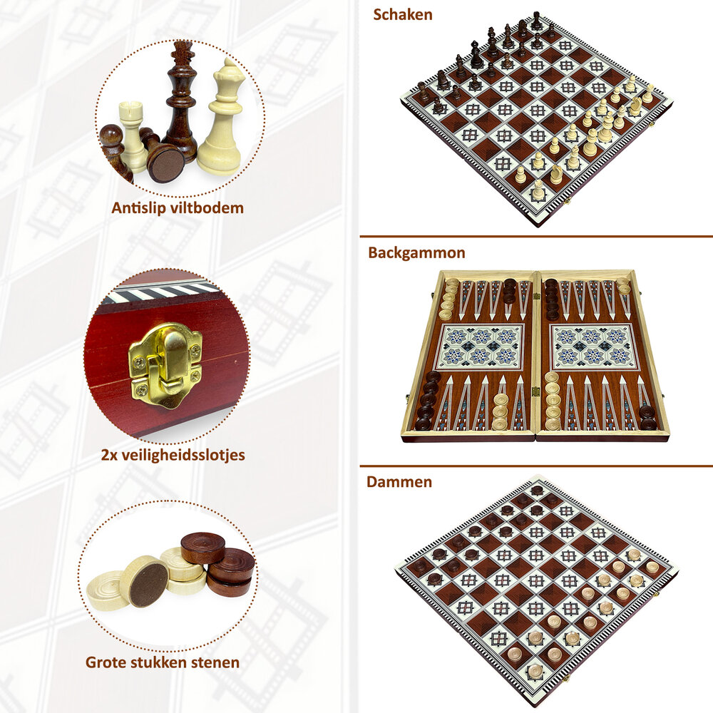 Chess - Schaken, Backgammon en Dammen - 3in1 set - 49X49CM - Hout - Opklapbaar bord